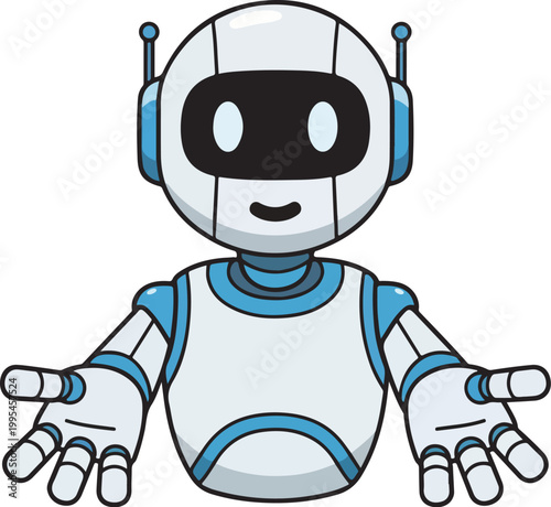 Friendly robot character with headset and welcoming gesture