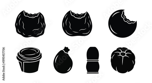 An arrangement of various black shapes and vessel silhouettes contrasted against a plain white background showcasing abstract forms silhouette high quality professional detailed