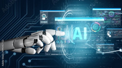 Futuristic Robotic Hand Interacting with Digital AI Interface Surrounded by Data Visualizations and Technology Graphics Sigmoid