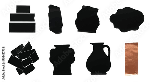 A collection of torn black tape pieces arranged against a white background creating a stark and fragmented composition silhouette high quality professional detailed