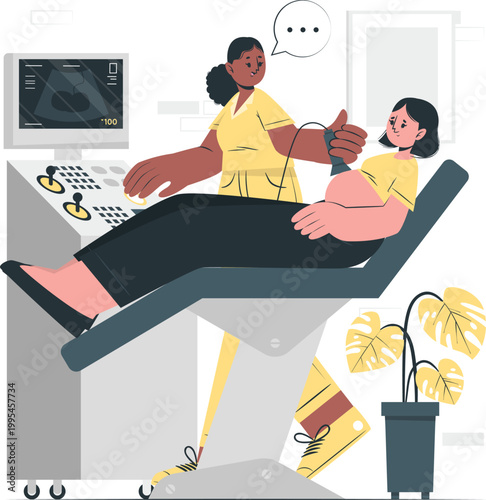 Pregnant woman having an ultrasound scan in a medical clinic with a doctor