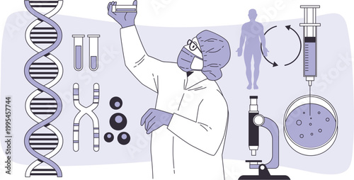 Scientist in a laboratory conducting genetic research and medical experiments with dna, microscope, and syringe