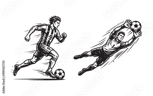 Soccer Players Action Set Featuring Striker Running and Goalkeeper Diving