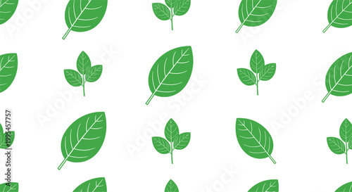 Seamless green leaf pattern with simple botanical elements, eco friendly nature background for textile, wrapping paper, wallpaper and organic design projects