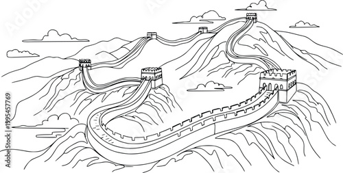 Great Wall of China Dynamic Line Art Vector – Hand Drawn Mountain Landscape with Watchtowers