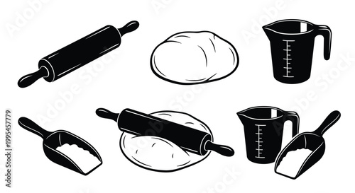 A collection of black silhouettes depicting baking tools and ingredients including a rolling pin dough and whisk silhouette high quality professional detailed modern