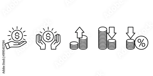 Black line of hands holding dollar coin with rays and stacks of coins with arrows and percentage sign in white background