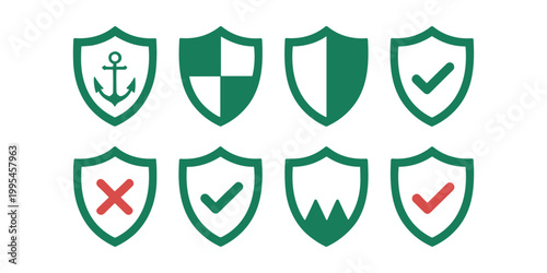 Green shield with various symbols anchor checkmark in white background