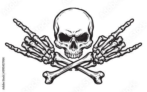 Angry Human Skull with Crossed Skeleton Rock On Hands Sign