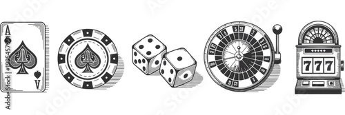 Classic Casino Gambling Objects Set, Ace of Spades, Poker Chips, Dice, Roulette Wheel and Slot Machine in Black and White Woodcut Engraving Style Illustration