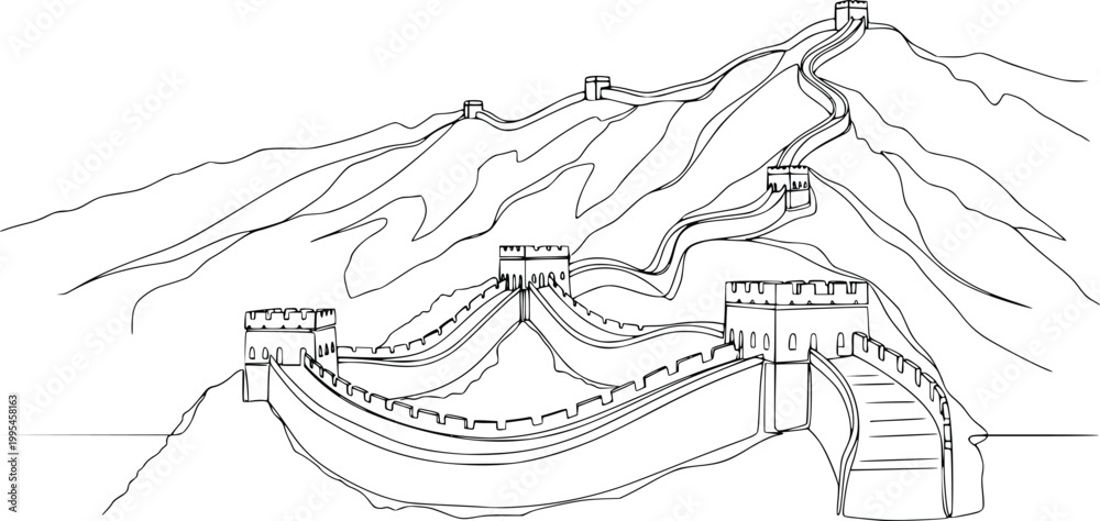 Fototapeta premium Great Wall of China Detailed Line Art Vector – Hand Drawn Mountain Landscape Outline Illustration