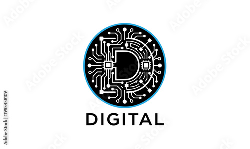 Digital, Letter D, Technology, Circuit board, Microchip, Cyber, Electronics, Computer, Software, Data, Network, Artificial Intelligence, Innovation, Future, Tech logo, IT, Programming, Hardware
