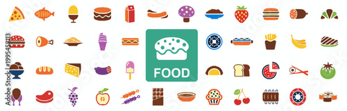 Flat lay composition of colorful food icons and doodles on green chalkboard background for healthy eating concept