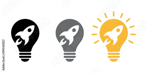 Three light bulb with rocket ship inside black gray yellow in white background