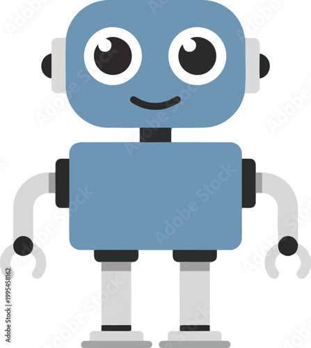 Friendly blue robot character with big eyes and smiling face standing alone