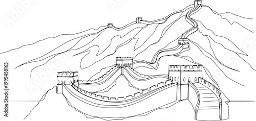 Great Wall of China Detailed Line Art Vector – Hand Drawn Mountain Landscape Outline Illustration