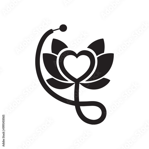 Medical Stethoscope and Heart Silhouette Combined with Lotus Flower for Wellness Logo. 