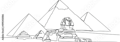 Great Sphinx and Pyramids Wide Line Art Vector – Hand Drawn Egypt Landmark Outline