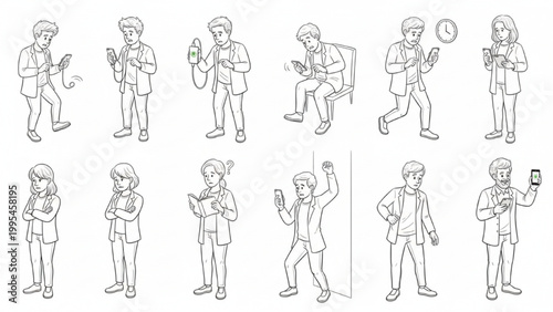 Human Waiting for Phone Charging Workflow Vector Set with Step-by-Step System, Impatience Micro-Moments and Wobbly Sketch Style Illustration on Clean White Background