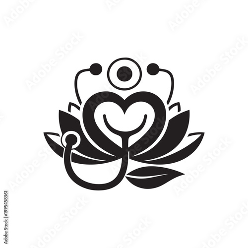 Medical Stethoscope and Heart Silhouette Combined with Lotus Flower for Wellness Logo. 