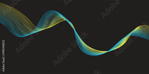 Abstract flowing wave of blue and yellow light on a dark background.
