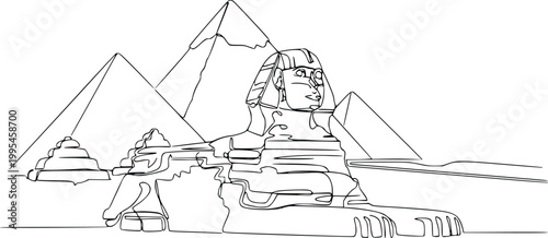 Great Sphinx and Pyramids Line Art Vector – Hand Drawn Egypt Landmark Outline Illustration