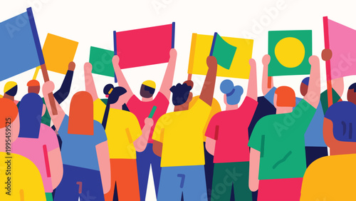 Illustration Of Peaceful Protest Crowd Holding Banners Vector Design Template