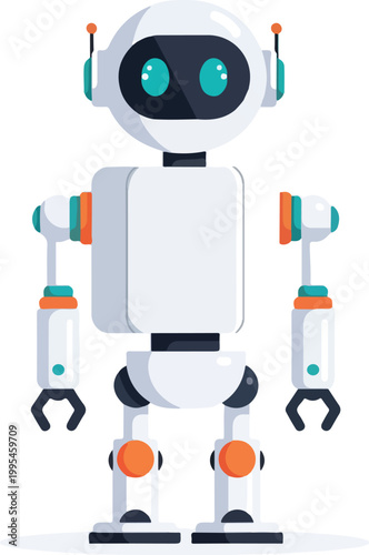 Cute robot character with white and orange color scheme standing alone