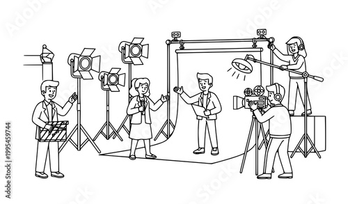Film studio movie shooting scene cartoon outline vector illustration crew filming coloring page design