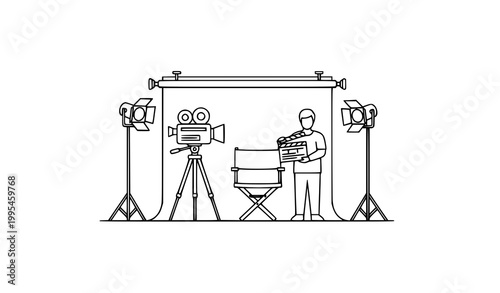 Minimal film studio setup movie production contour line vector illustration simple coloring page design