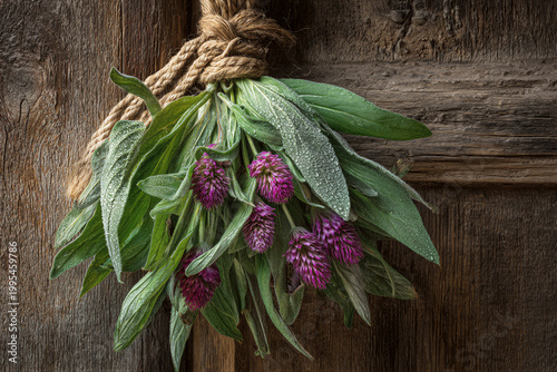 Photography Fresh mugwort and calamus on old wooden door with water droplets