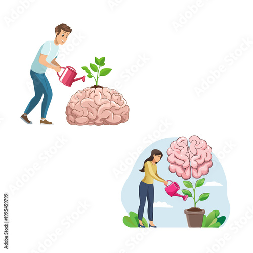 Brain Growth Learning Concept Cartoon, Young Person Watering Knowledge Plant, Education Skill Development Vector Illustration