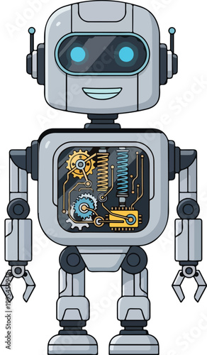 Friendly robot with visible internal mechanisms and glowing blue eyes standing alone