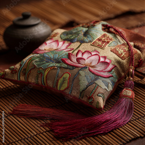 Embroidered silk sachet with lotus pattern and tassels on bamboo mat. Macro still life photography with studio lighting and copy space. Elegant style for Dragon Boat Festival or gift packaging.