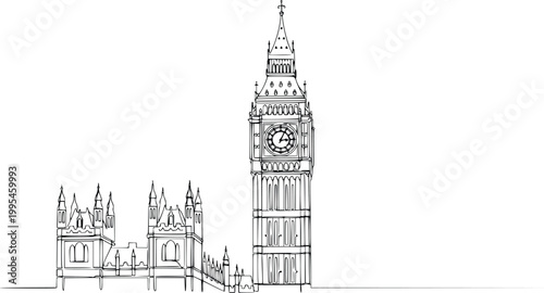 Big Ben London Detailed Line Art Vector – Hand Drawn Elizabeth Tower and Westminster Outline