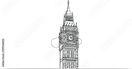 Big Ben Close-Up Line Art Vector – Hand Drawn Elizabeth Tower Clock Detail Illustration