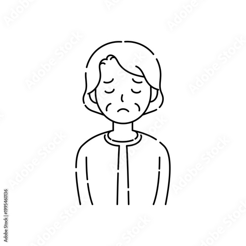 目を閉じたシニア女性の不安な表情のシンプル黒線イラスト
