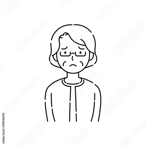 眼鏡をかけた高齢女性の困った表情のシンプル線画