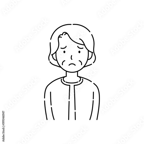 シニア女性の悩んだ表情のシンプル黒線イラスト