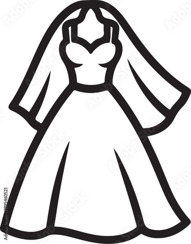Wedding dress, bridal gown, veil, black and white, line art, fashion illustration