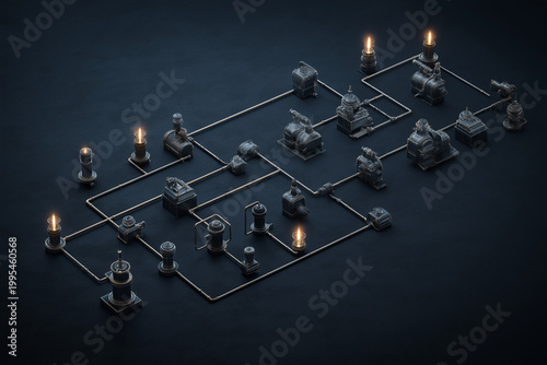 Concept of a machine learning pipeline on a dark charcoal background