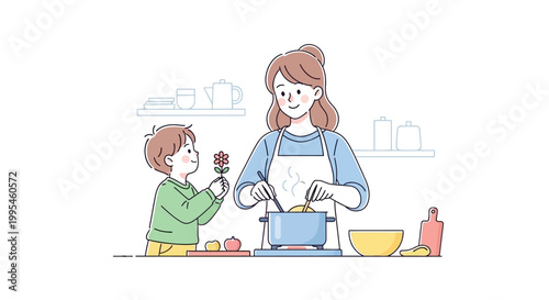 Woman and child in kitchen cooking.