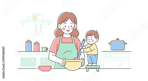 Woman and child mixing batter together.