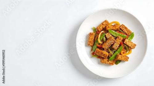 Top view stir fried tempeh with vegetables on white plate