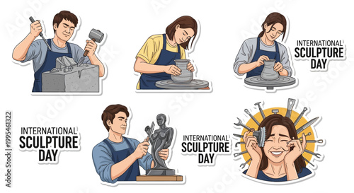 Set of vector illustrations celebrating International Sculpture Day, displaying sculptors carving stone, shaping clay, and creating art in various styles against a clean white background