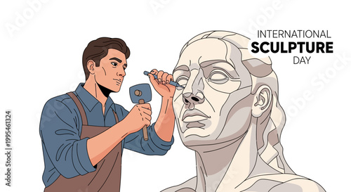 Vector illustration depicting the International Sculpture Day shows a sculptor carving a classical marble statue with tools against a clean white background, showcasing a creative sculpture