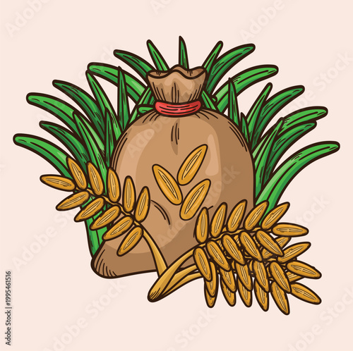 Illustration of wheat harvest wheat sack wheat field farming and plantation