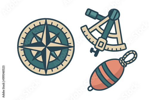 Compass rose, sextant, and buoy representing maritime navigation and exploration