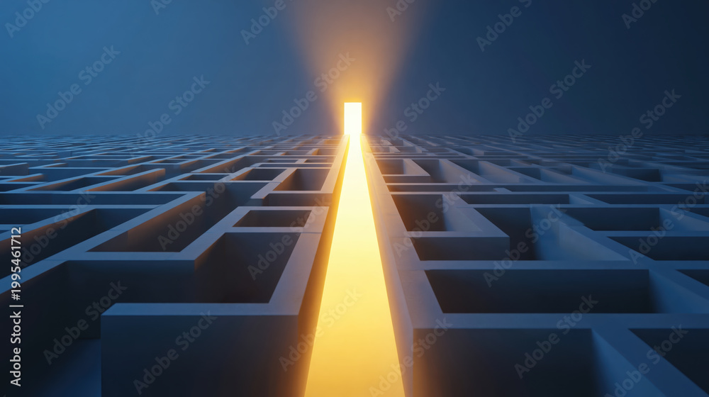 Fototapeta premium Glowing Path Through Maze Leading to Bright Exit Door in Abstract Blue Environment