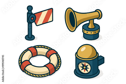 Isometric maritime safety and navigation symbols: life ring, foghorn, warning sign, and compass